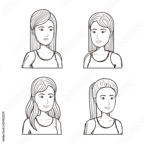Hand drawn uncolored girls with different hairstyles set over white background. Vector illustration.