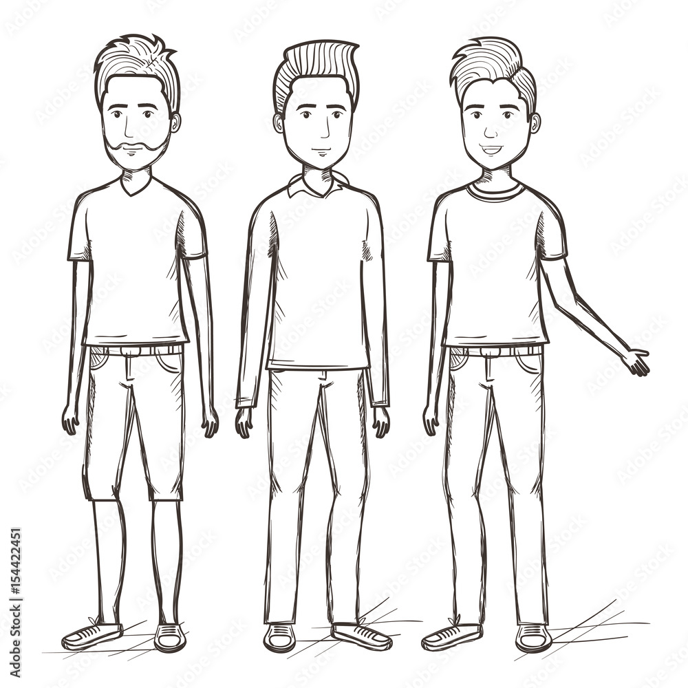 Hand drawn uncolored standing men over white background. Vector illustration. Hand drawn uncolored standing men over white background. Vector illustration.