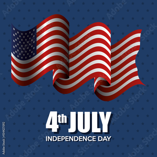 Waving american flag and 4th july sign over blue starrybackground. Vector illustration. photo