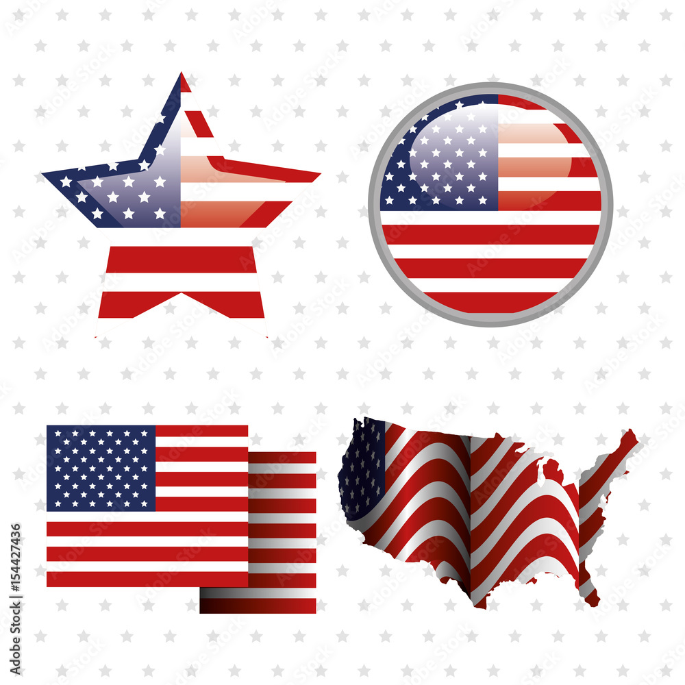 Objects with american flag over white starry background. Vector illustration.