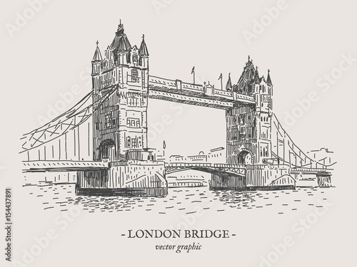 London Tower bridge retro vector drawing on grey background