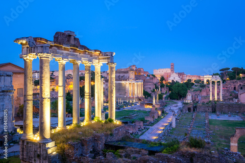 Forum Romanum archeological site in Rome after sunset