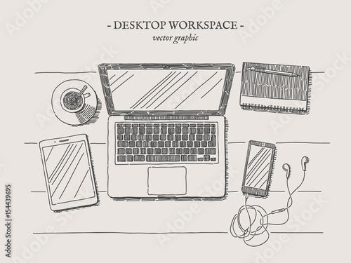 Workplace with laptop, notebook, smartphone, tablet and cup of coffee vector drawn illustration on grey background
