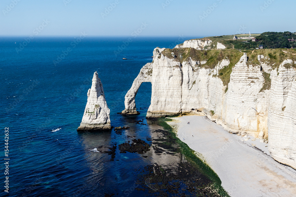 Arch shaped rock at Etretat beach, viewed from above