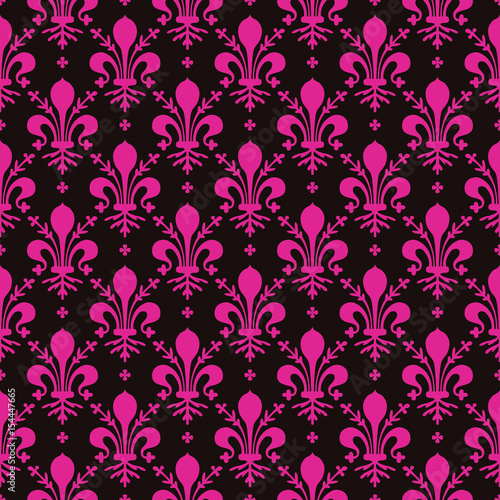 Seamless black and magenta pink vintage ornate French royal Fleur de lis pattern vector