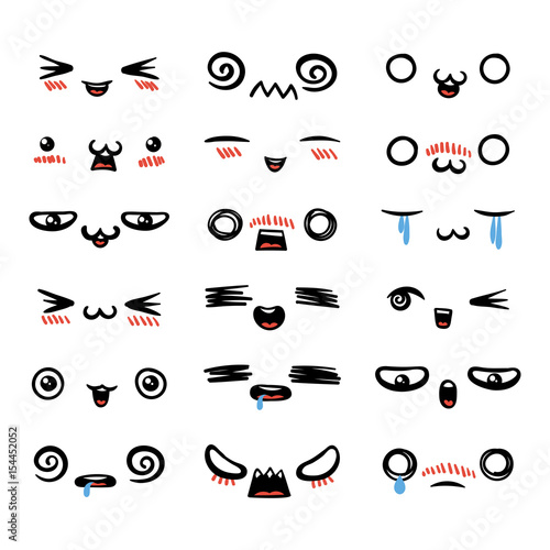 Set of cute lovely kawaii emoticon.