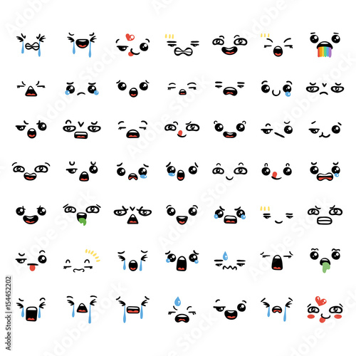 Set of cute lovely kawaii emoticon.