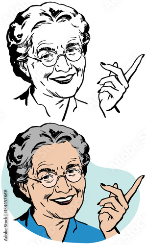 An older woman smiling and pointing