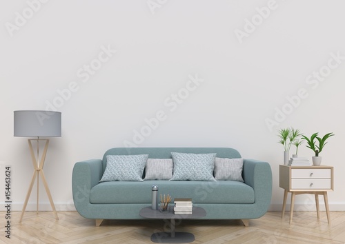 Living-room with sofa, plants and plaid on empty white wall background. 3D rendering © Vanit่jan