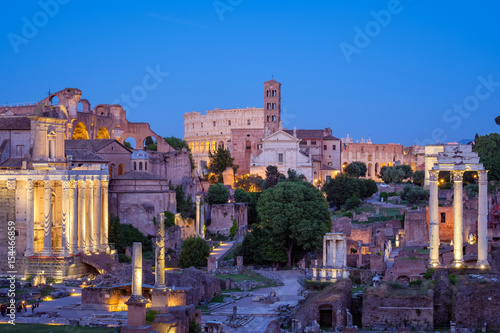 Forum Romanum and Colosseum in Rome after sunset