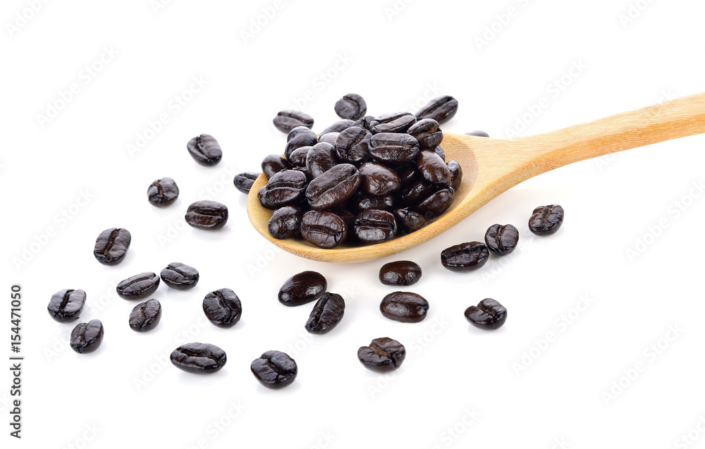 Fototapeta premium coffee beans with wooden spoon isolated on white