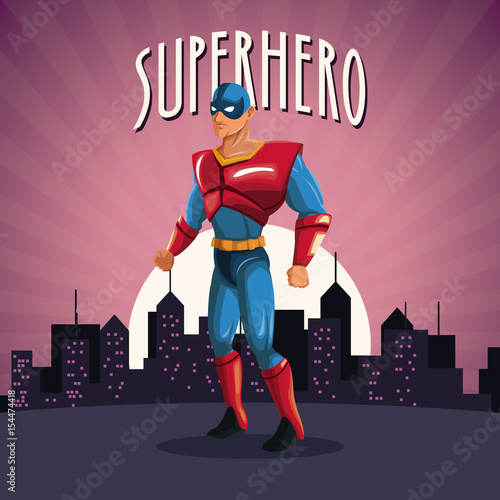superhero costume comic standing with sunset city background vector illustration