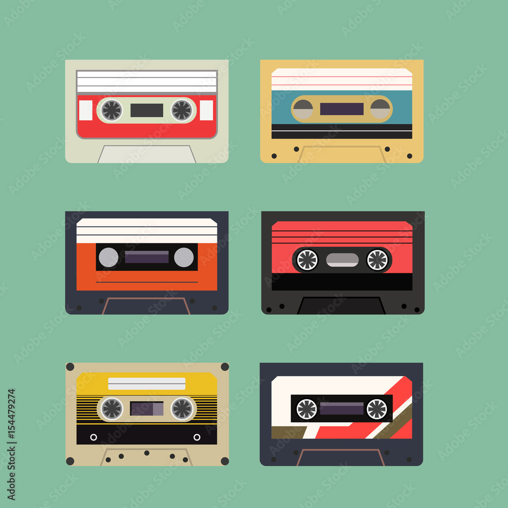 Obraz premium Classic Retro Audio Tape Cassette Set. Vintage Isolated Flat Style Icon.