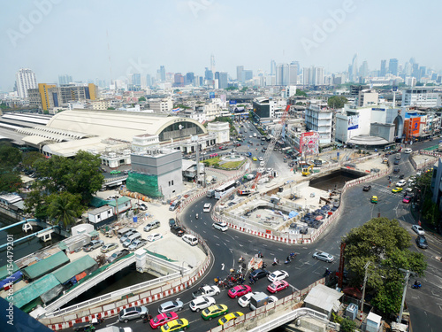 Aerial view of Landscape and cityscape with traffic road at Hua Lamphong of Bangkok city