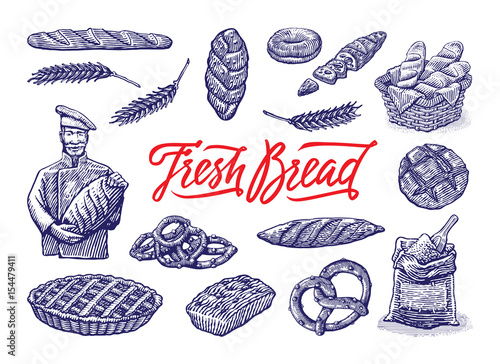 Vintage bakery illustrations set. Vector color hand drawn vintage engraving illustration.