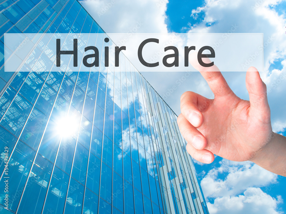 Hair Care - Hand pressing a button on blurred background concept on visual screen. Hair Care - Hand pressing a button on blurred background concept on visual screen.