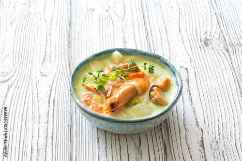 Soup with vegetables and seafood