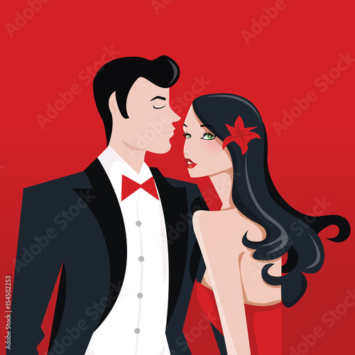 Glamorous Lady With Long Black Hair And Man in Tuxedo Suit