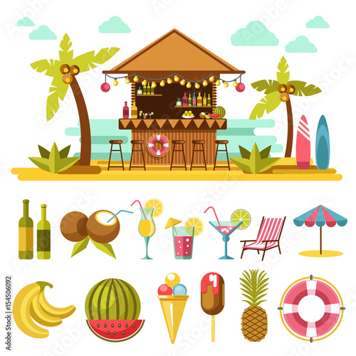 Beach entertainments and set of elements below on white