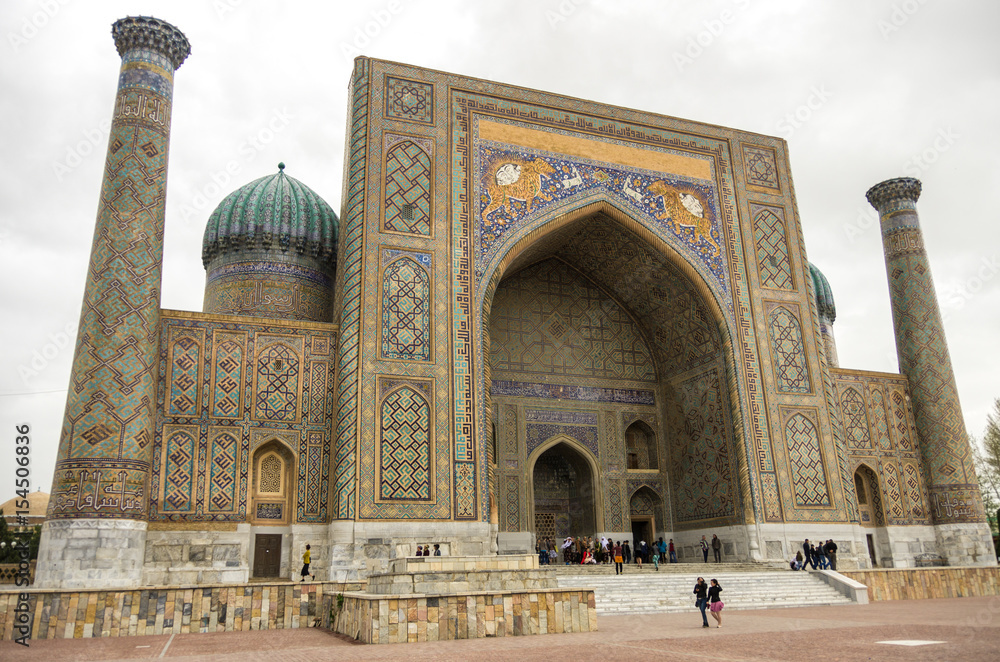 View of Sher-Dor Madrasa from Registan Square, Samarkand, Uzbekistan.