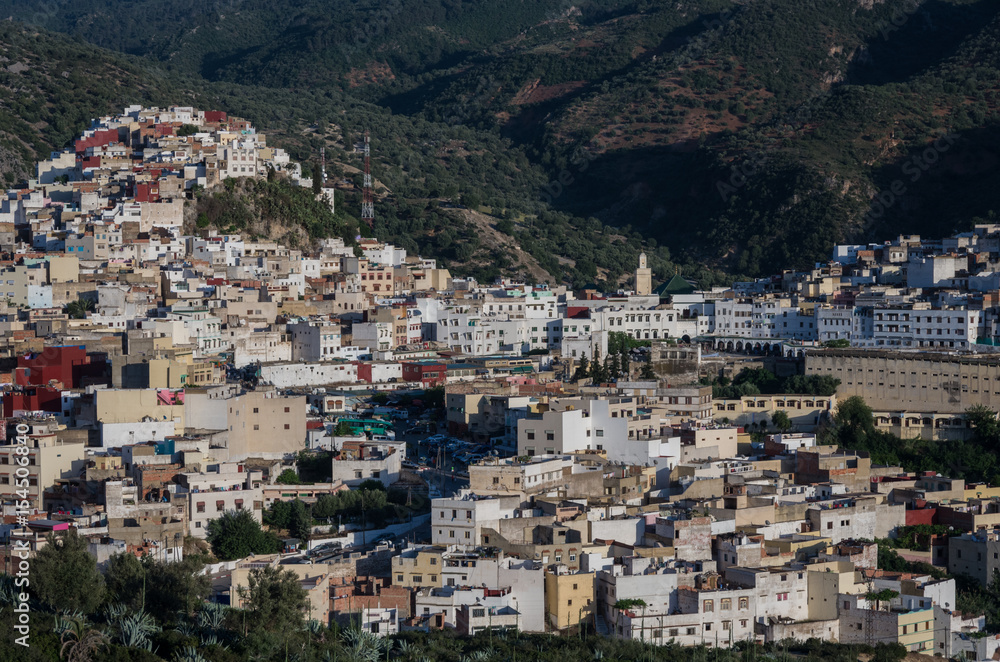 Panorama view over the holy city of Moulay Idriss Zerhoun including the tomb and Zawiya of Moulay Idriss, Middle Atlas, Morocco, North Africa