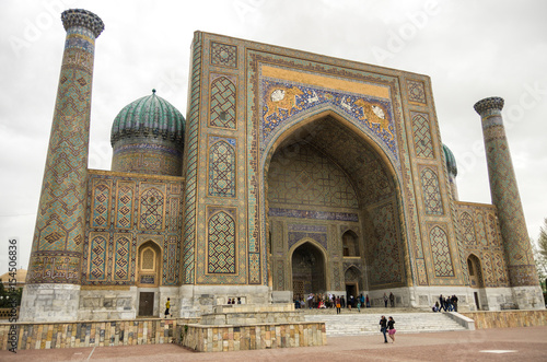 View of Sher-Dor Madrasa from Registan Square, Samarkand, Uzbekistan.