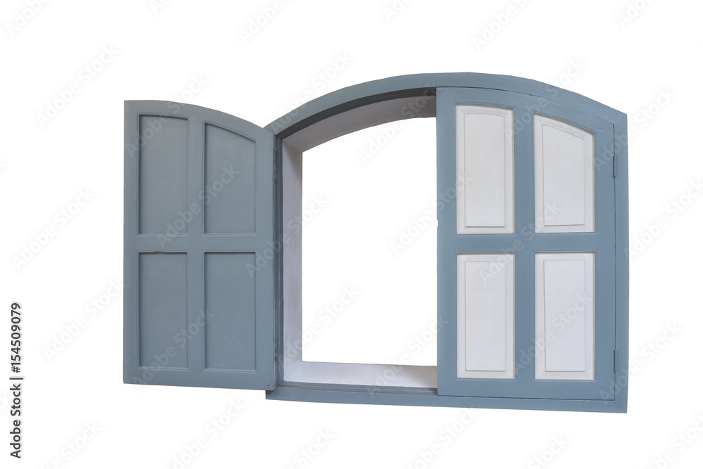 Classic grey window left ajar on white background Classic grey window left ajar on white background