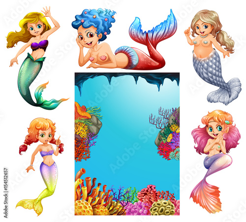 Underwater scene with lots of mermaids