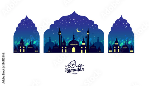 Ramadan Kareem. Beautiful greeting card. Scene with Mosque or Masjid. flat design elements. vector illustration