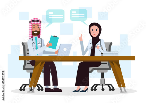 Couple Saudi Arab doctors talking about medical case in the room. flat character design .Vector illustration