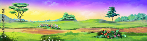Rural landscape with path and flowers against purple sky