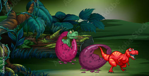 Forest scene with two dinosaurs hatching egg