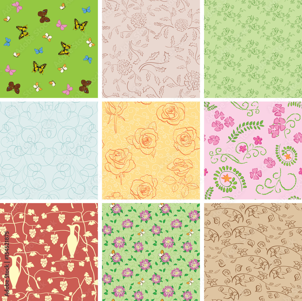 seamless patterns with plants and butterflies - vector backgrounds
