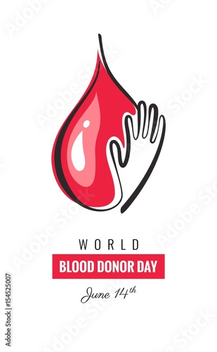 World blood donor day poster. Hand and drop design. Vector illustration