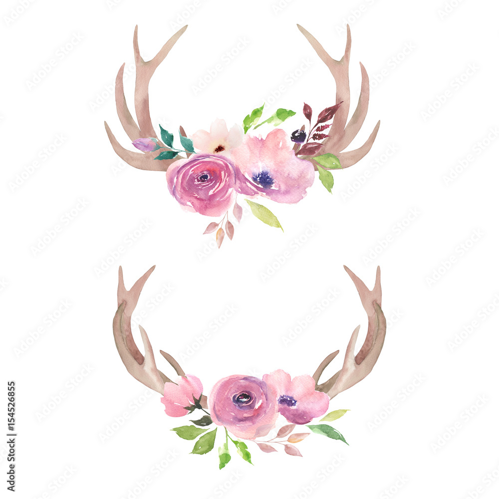 Obraz Watercolor deer horns with flowers.Boho design.Tribal decorative print
