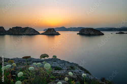 Majorca Santa Ponsa coastline at sunset in Morro d'en Pere Joan bay in Mallorca, Balearic islands of Spain. Es Malgrat rocks.