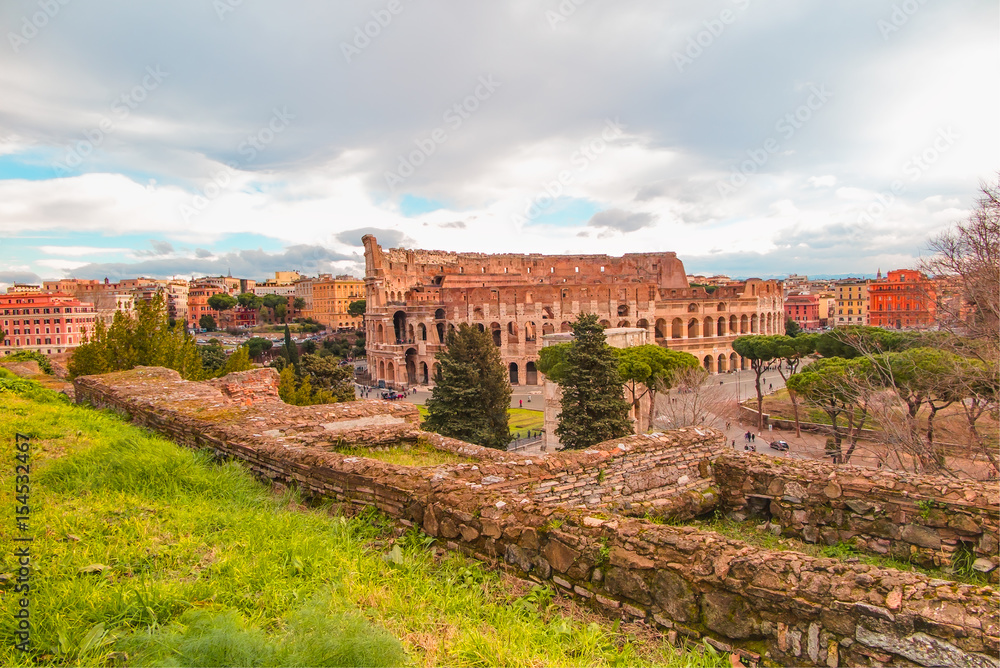 Panoramic view on ancient roman forum columns and ruins, Rome, Italy