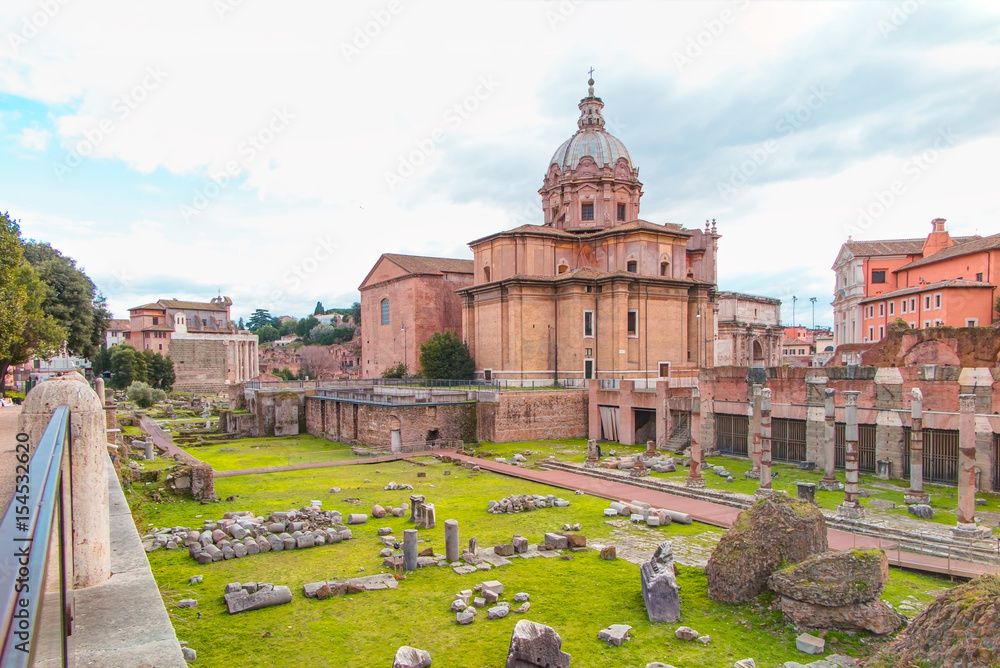Panoramic view on ancient roman forum columns and ruins, Rome, Italy