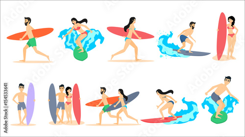 Big set of vector illustrations of surfers