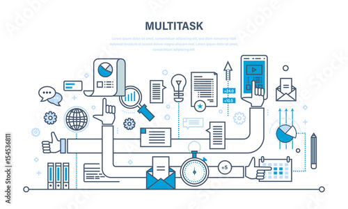 Multitask, performing multiple task simultaneously, using tablet, laptop, cellphone, data.