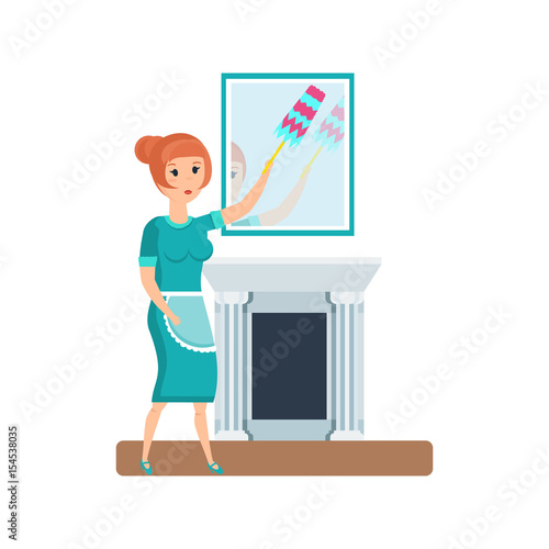 Maid, hotel worker, wipes dust, wipes furniture, mirrors, cleans room.