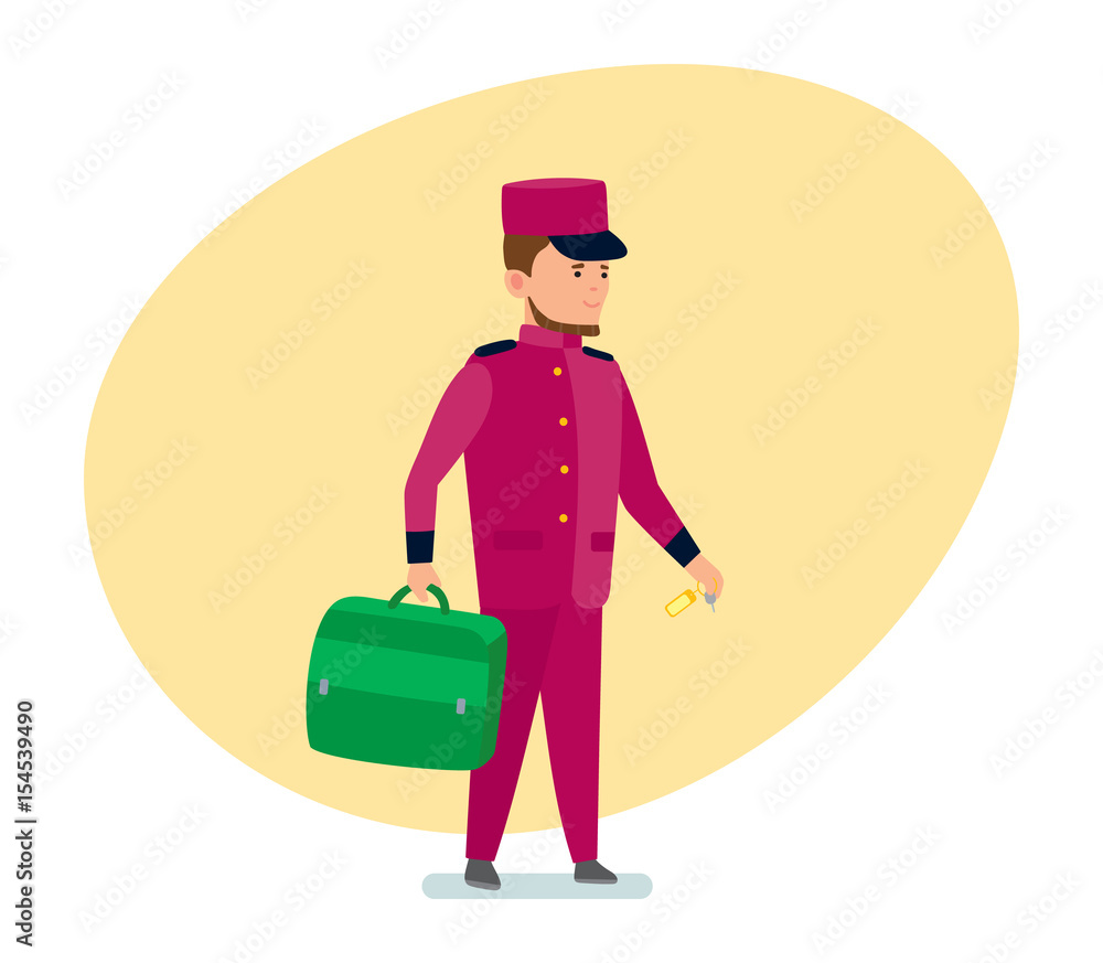 The hotel employee helps to transfer luggage to the room.