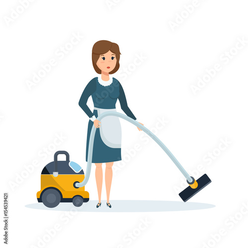 Hotel employee removes dust, cleans the room, vacuums the room.