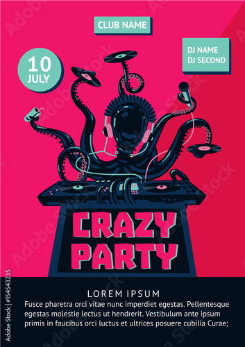 Music party poster with octopus dj and mixing console.