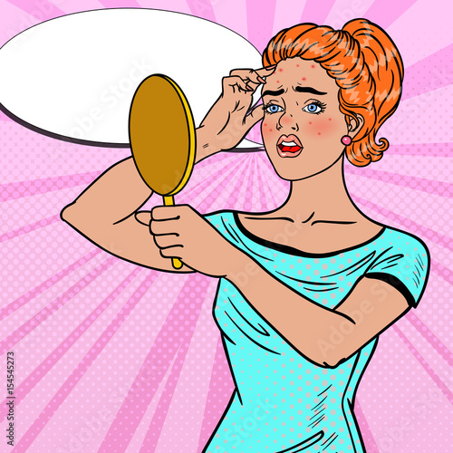 Pretty Teenager Girl Looking in the Mirror on her Pimple. Skin Care. Pop Art Vector illustration