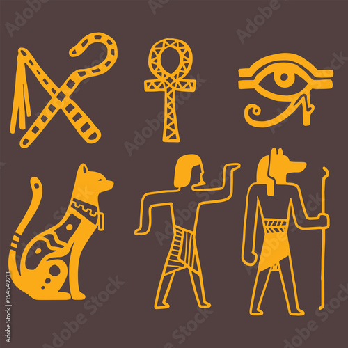 Egypt travel history sybols hand drawn design traditional hieroglyph vector illustration style.