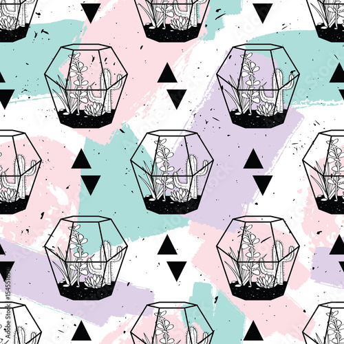 Vector hand drawn seamless pattern with geometric and brush painted elements, triangles, cactuses and succulents in terrariums. Modern scandinavian design. Pastel colors.