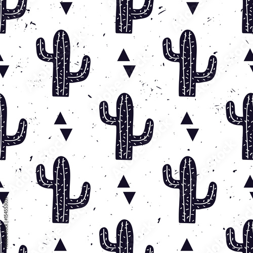 Tapety Wektor czarno-biały wzór z kaktusów i trójkątów. Nowoczesny design dla mody, druku, plakatu, karty, tekstyliów. Styl skandynawski.