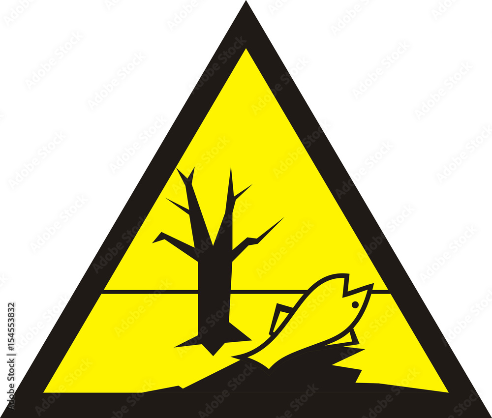 Sign of poisonous in yellow triangle. Harmful chemicals. Dead fish