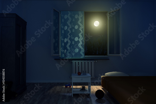 Schlafzimmer Kinder bei Nacht mit leuchtendem Mondschein photo